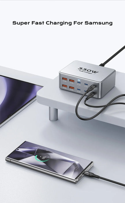 330W 10‑Port GaN USB‑C Charger — Dual 100W PD3.0/PPS Fast Charging Station