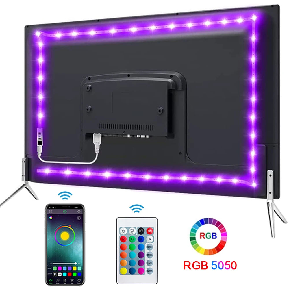 LED Juostos Šviesa 5050 SMD 5V Modelis - Juosta Bluetooth USB Lanksti Lempa Juostelė su Klijais - Puikus Apšvietimo Sprendimas TV ir Darbalaukiui
