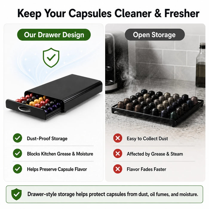 Coffee Pod Drawer & Machine Stand — Dust‑Proof Black (Holds 54 Pods)