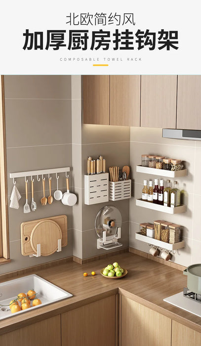 No-Punch Wall-Mounted Kitchen Rack with Movable Hook Spoon Holder — White Aluminium