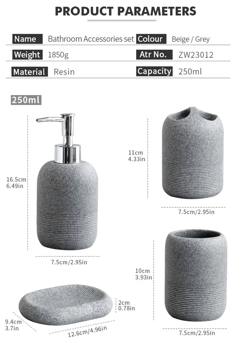 5-Piece Bathroom Accessory Set — Lotion Dispenser, Toothbrush Holder, Tumbler, Soap Dish & Tray (Beige or Grey)