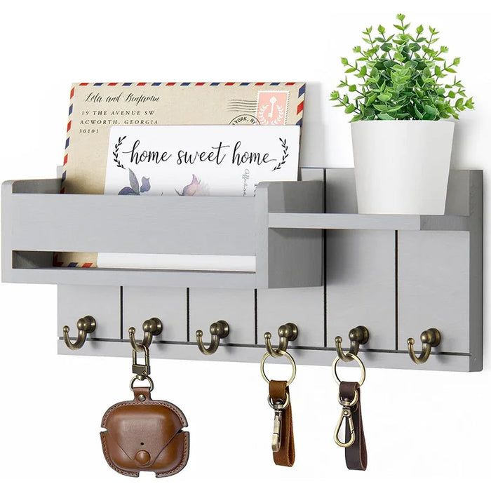 Wooden Wall-Mounted Key Rack & Mail Organiser — 6 Hooks