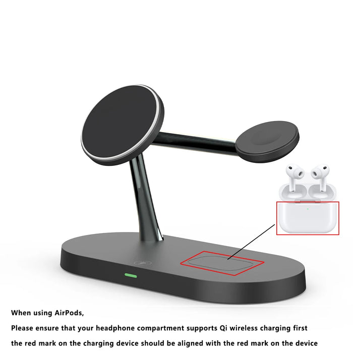 3-in-1 Magnetic Wireless Charger Stand for iPhone 12–17, Apple Watch Series 4–10 & AirPods (Qi)