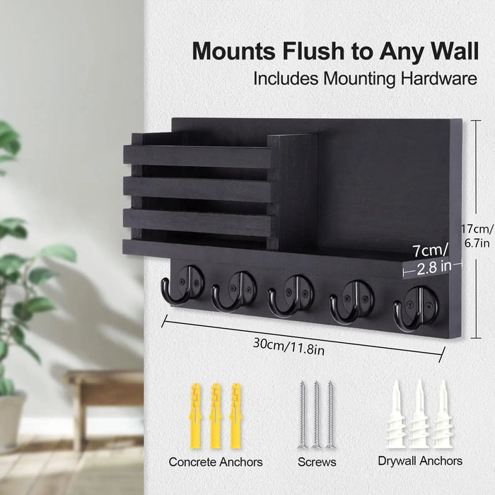 Wall-Mounted Wooden Key & Mail Rack with 5 Metal Hooks, Fittings Included