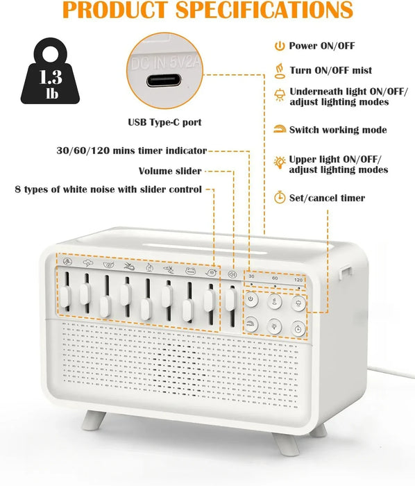 4‑in‑1 Hi‑Fi Bluetooth Speaker — Humidifier, Night Light & 8 Nature Sounds (White)