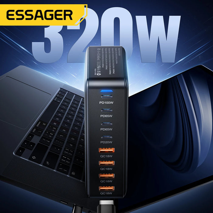 320W GaN 8‑Port Desktop Charger — 4×USB‑C & 4×USB‑A, 100W PD