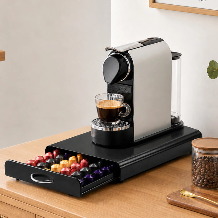 Coffee Pod Drawer & Machine Stand — Dust‑Proof Black (Holds 54 Pods)