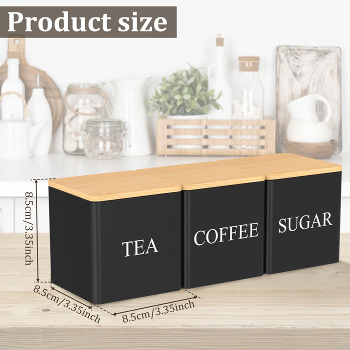3‑Piece Coffee, Tea & Sugar Canister Set — Metal Jars with Bamboo or Iron Airtight Lids