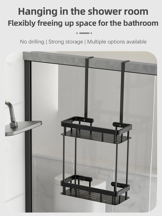 QH Dual-Tier Shower Caddy — Metal & Plastic Bathroom Shelf (Wall or Over-Door)