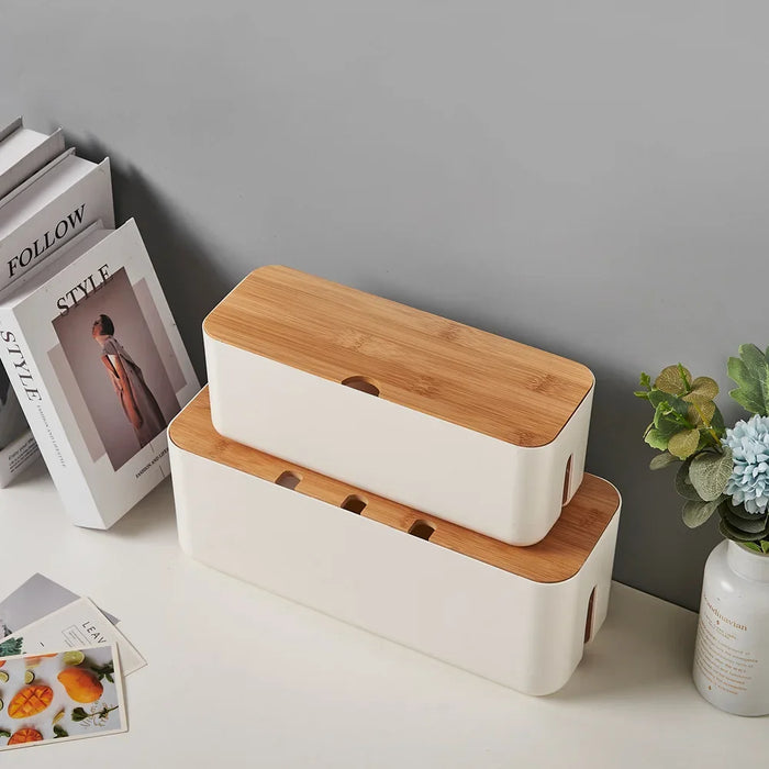 Cable Management Box with Bamboo Cover — Hide Power Strips & Desk Wires