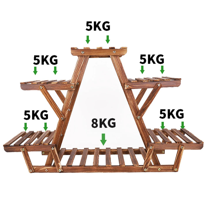 6-Tier Carbonised Triangle Corner Plant Stand — Pine & Metal, Stained Brown