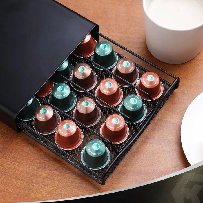 40-Capsule Coffee Pod Holder — Black Stainless Steel for Nespresso Capsules