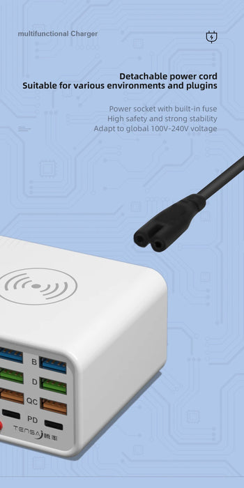 8-Port Wireless Fast Charging Station — 15W Wireless, 65W Total, PD & QC