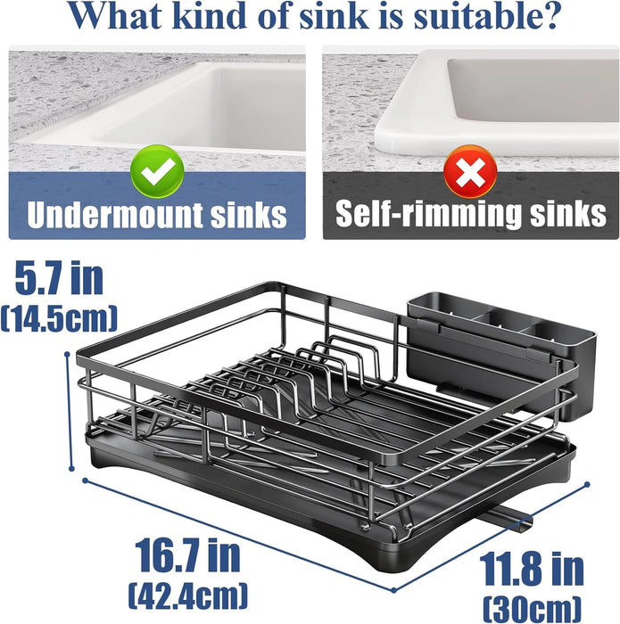 Large Rustproof Iron Dish Drying Rack with Drainboard and 3‑Slot Utensil Holder