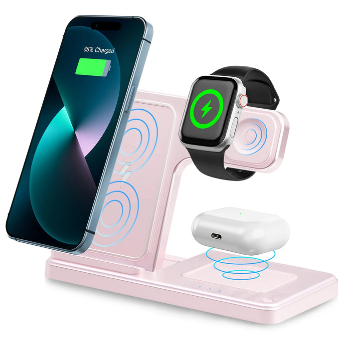 3-in-1 Magnetic Wireless Charger Stand — 15W Fast Charging Dock for iPhone 15/14/13, Apple Watch & AirPods
