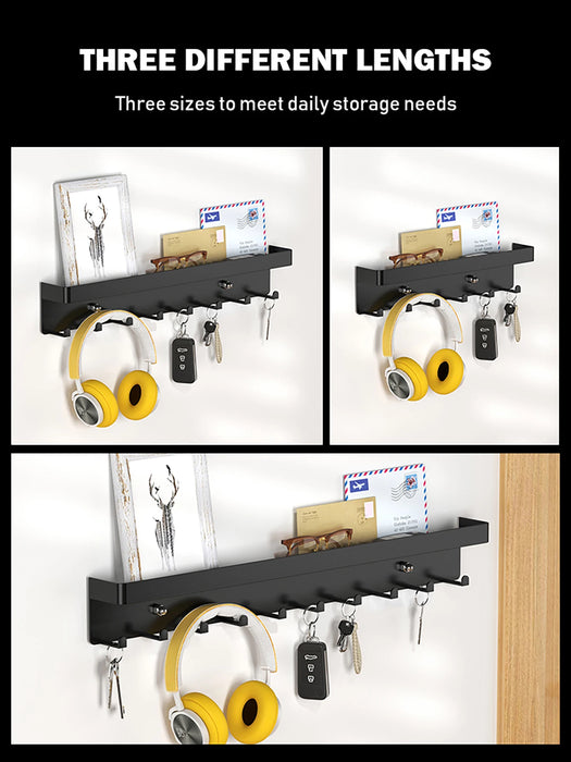 Wall-Mounted Key Organiser with Tray and Hooks – No-Drill or Drill Fixing