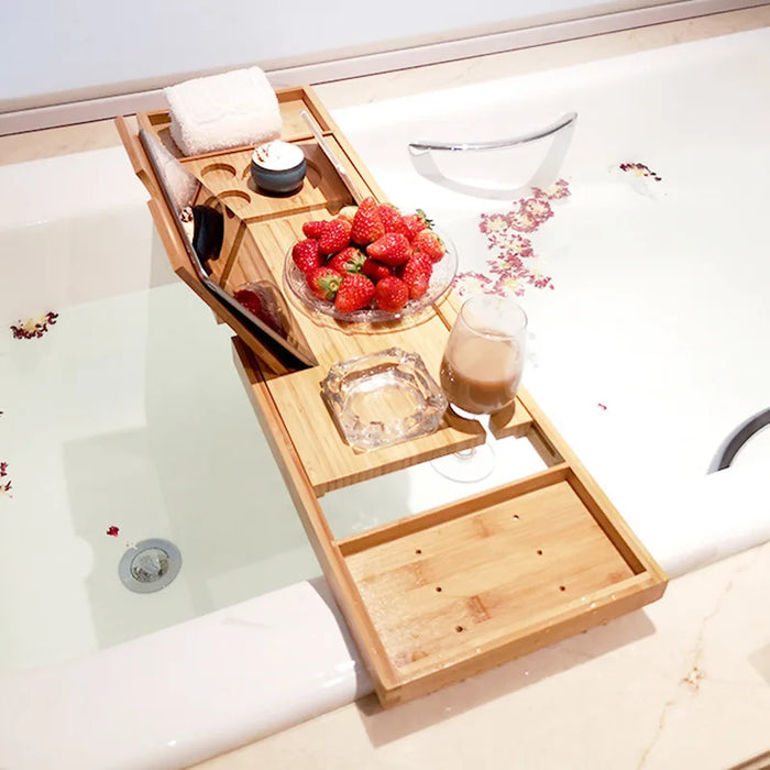Adjustable Wooden Bath Tray — Extendable Bathtub Rack & Storage Shelf