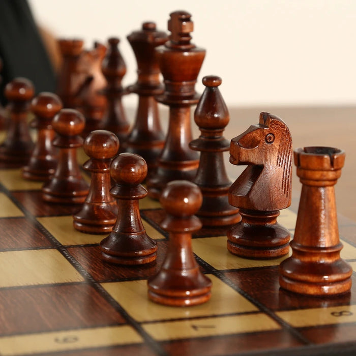 Retro 3-in-1 Wooden Chess Set — Foldable Chessboard with Checkers & Backgammon