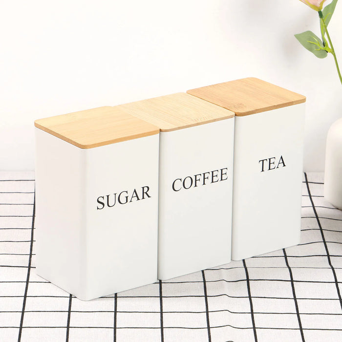 3‑Piece 1 L Coffee, Tea & Sugar Canisters with Airtight Bamboo Lids — Metal Storage Jars