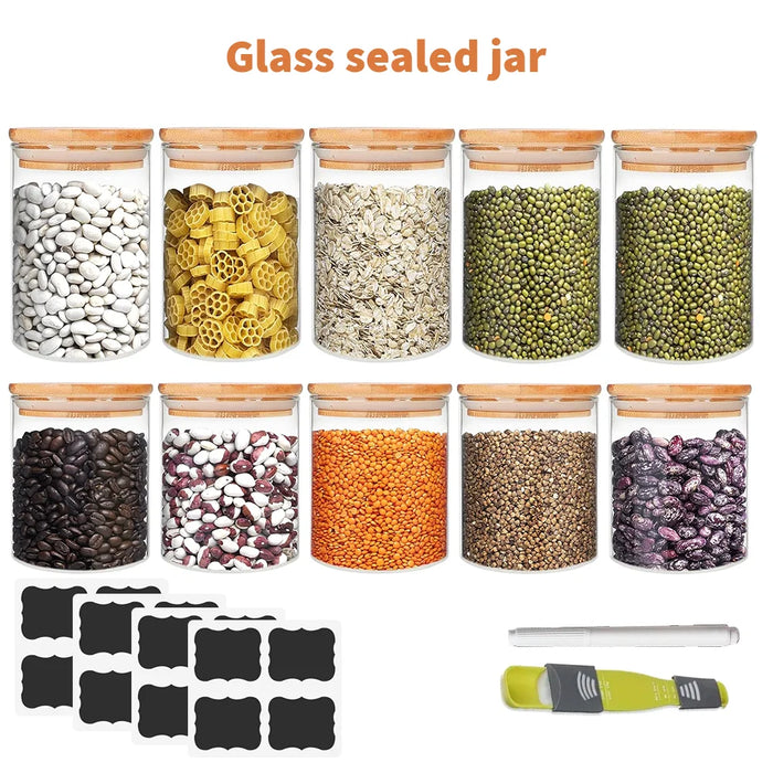 10-piece Glass Storage Jar Set – 5 x 250ml & 5 x 350ml with Wood Lids