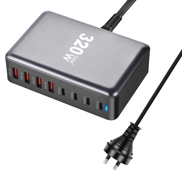 320W GaN Desktop Charger — 8‑Port USB‑C & USB‑A PD Station (Model 4C4A)