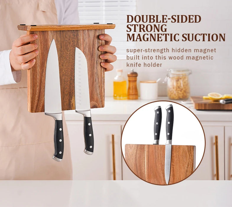 Acacia Wood Magnetic Knife Block – Kitchen Knife Rack with Strong Magnets