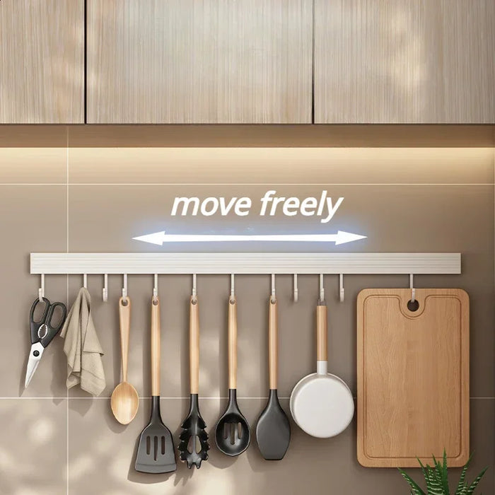 No-Punch Wall-Mounted Kitchen Rack with Movable Hook Spoon Holder — White Aluminium