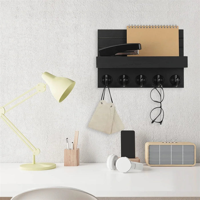 Wall-mounted Wooden Key and Mail Shelf with 5 Hooks