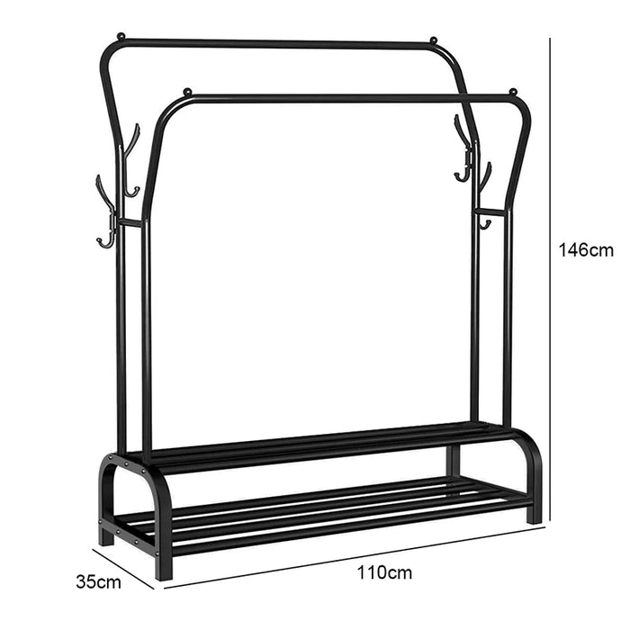 Double Rail Standing Clothes Rack with Mesh & Bottom Shelves — White or Black