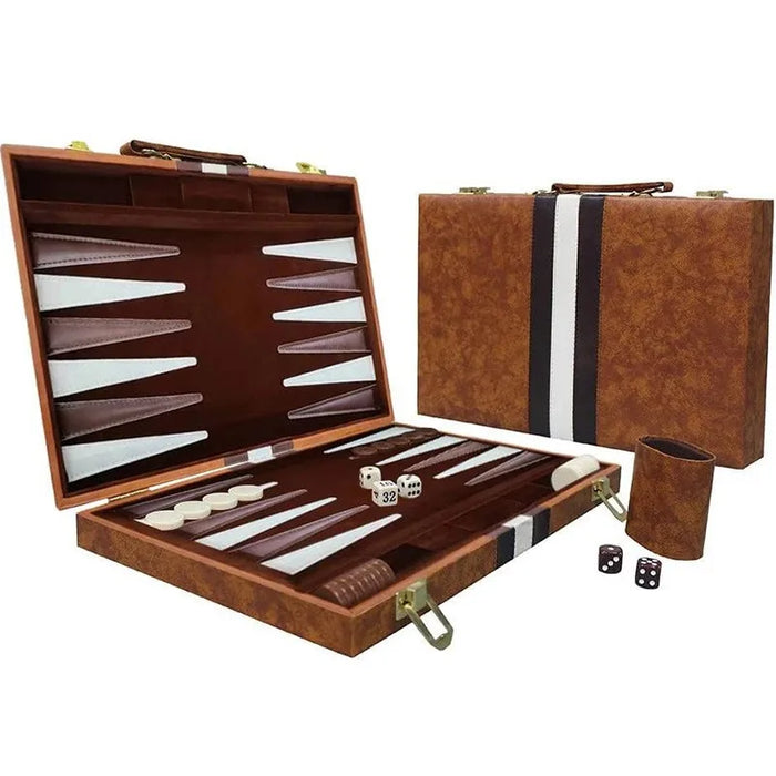 Classic 3‑in‑1 Backgammon Travel Set with Leather Case — Chess & Checkers (11/15/18 inch)