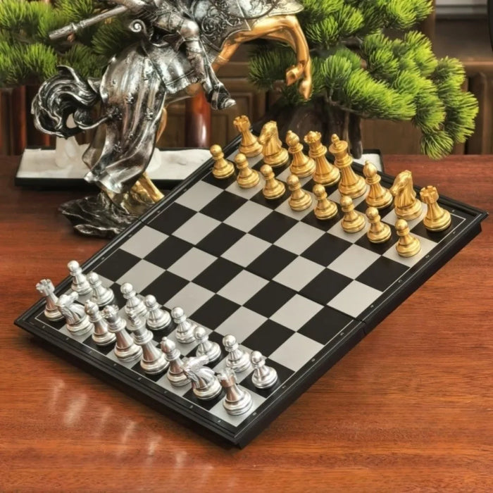 Magnetic Folding Chess Set — 25cm or 32cm, Gold & Silver Plastic Travel Board