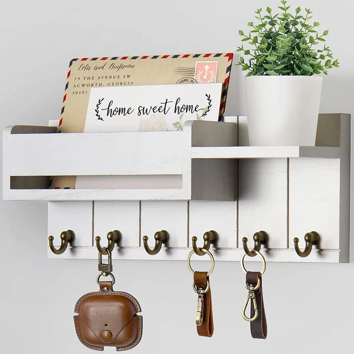 Wooden Wall-Mounted Key Rack & Mail Organiser — 6 Hooks