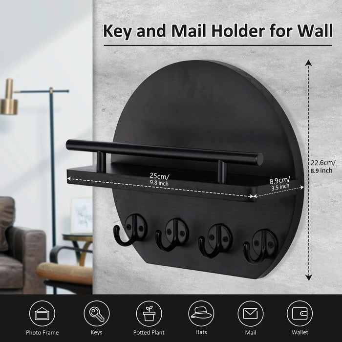 Wall-mounted round wooden key rack with shelf and 8 hooks — apartment wall décor