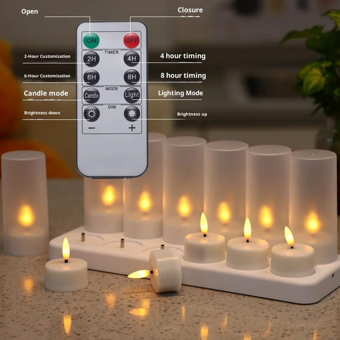 Rechargeable LED Tea Lights – Pack of 12, Black Wick, Remote-Controlled Flame-Effect