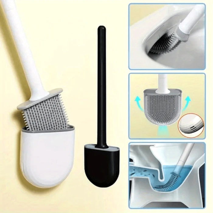Wall-Mounted Silicone Toilet Brush Set — Easy Install, Long Handle with Portable Holder