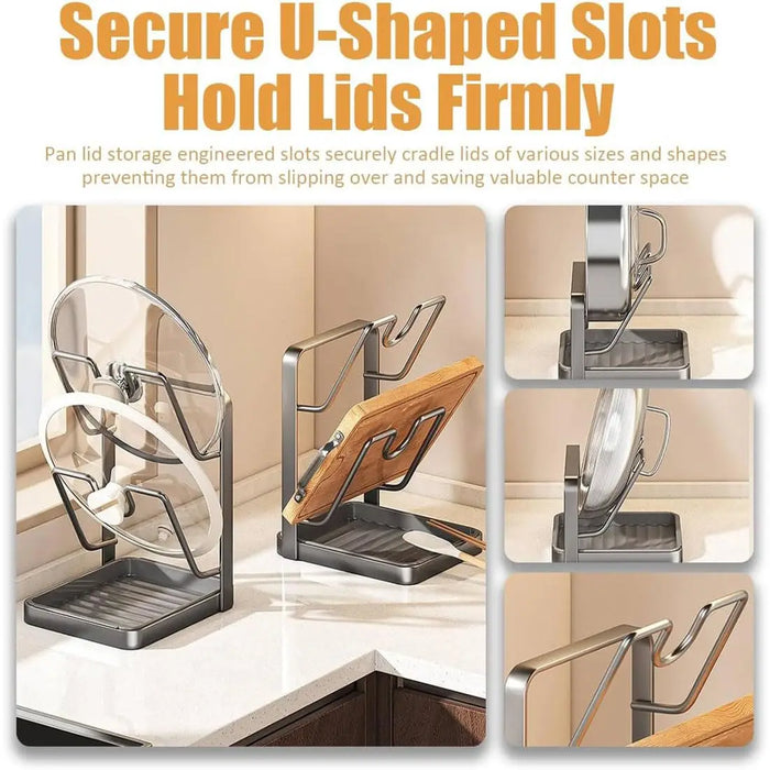 Pot Lid & Cutting Board Rack — Steel Holder with U‑Shaped Slots & Drip Tray