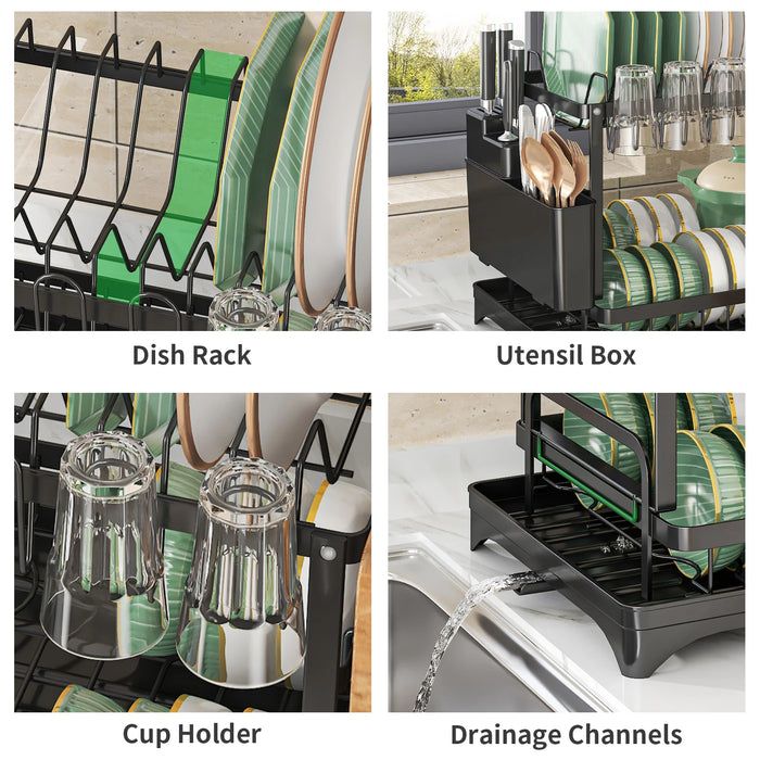 2-Tier Metal Dish Drainer with Draining Spout, Cutlery & Cup Holders