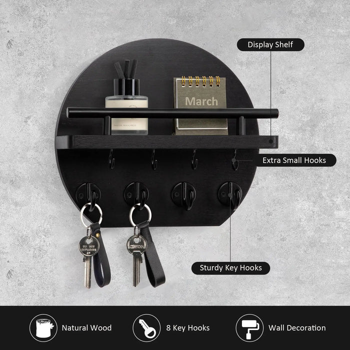 Wooden Wall-Mounted Key & Mail Holder with 8 Key Hooks and Shelf for Sunglasses & Dog Lead