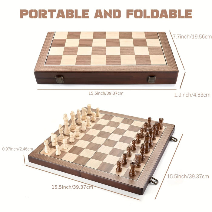 Magnetic Wooden Chess Set 39.37cm (15.5in) Folding Travel Board with 2 Extra Queens