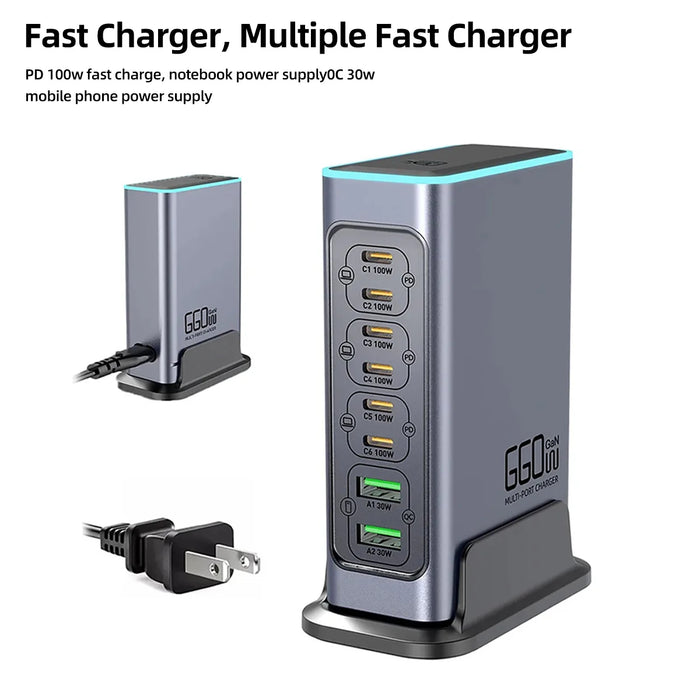 660W GaN 8-Port Desktop Charger — 100W USB‑C PD & Quick Charge 3.0