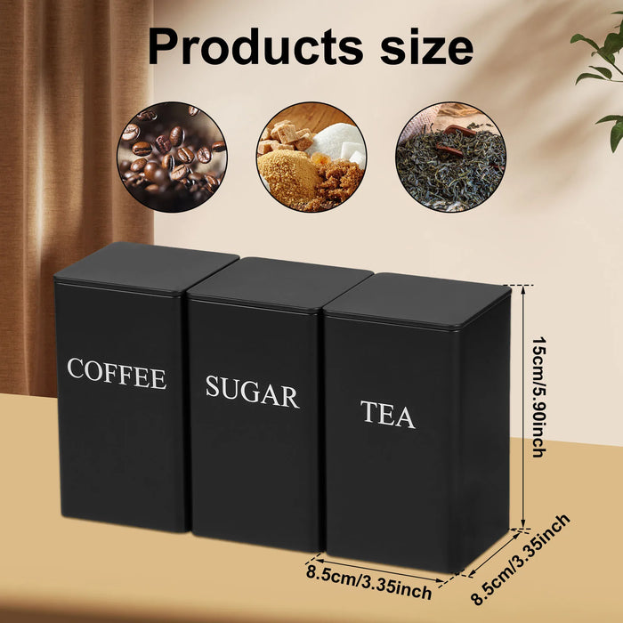 3‑Piece Coffee, Tea & Sugar Canister Set — Metal Jars with Bamboo or Iron Airtight Lids