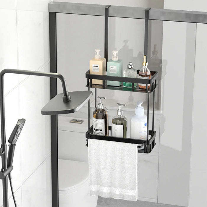 QH Dual-Tier Shower Caddy — Metal & Plastic Bathroom Shelf (Wall or Over-Door)