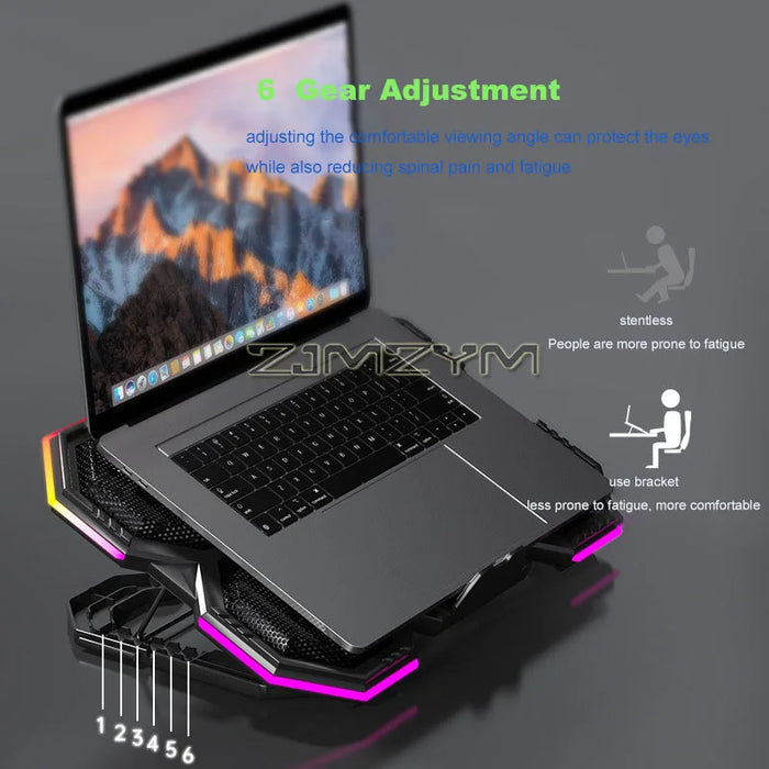 Gaming Laptop Cooler Pad — Six Fans, 15.6in Adjustable Stand with RGB & 2 USB Ports