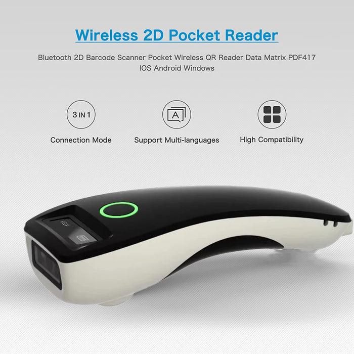 Mini Handheld 2D Barcode Scanner — Wireless (2.4G/Bluetooth) & USB, 1D/2D/QR/PDF417 with Storage