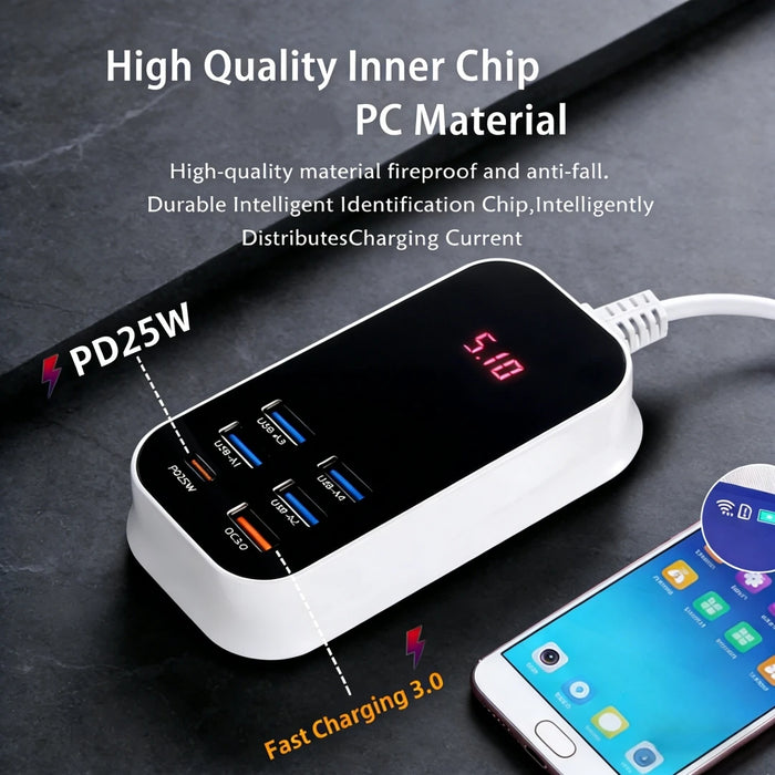 50W 6-Port USB Charger (5x USB-A + 1x USB-C) with PD, QC3.0 and LED Display