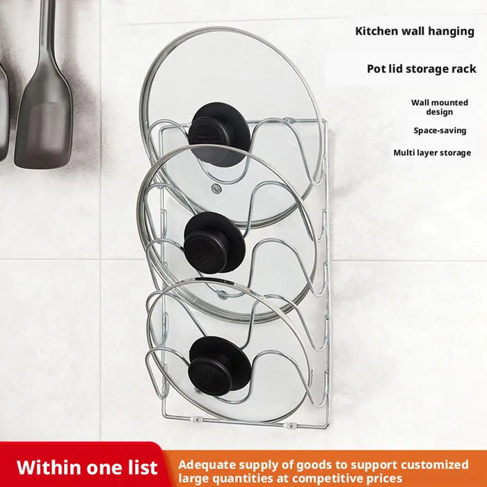 5-Tier Wall-Mounted Pot Lid Rack — Stainless Steel, Foldable, Space-Saving