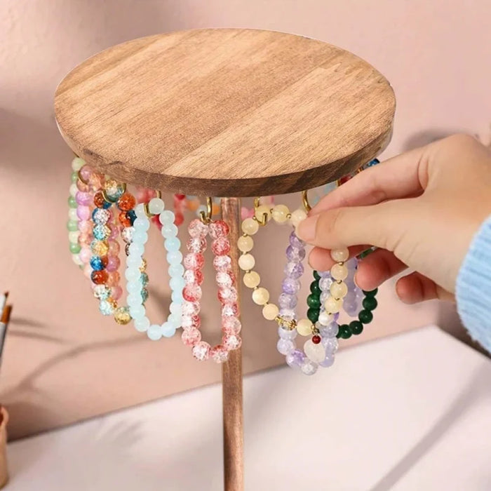 Wooden Jewellery Organiser Tower — 12 or 18 Golden Hooks, Round Base