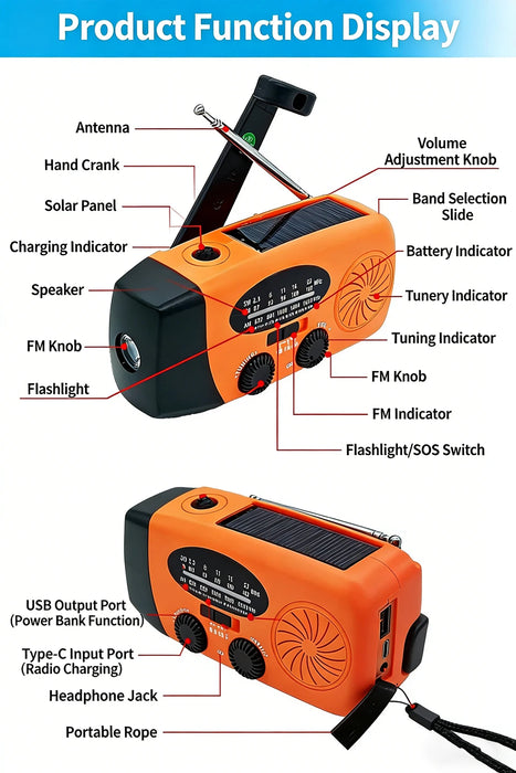 Hand-cranked Solar Power Generator Radio Flashlight — FM AM WB NOAA Power Bank