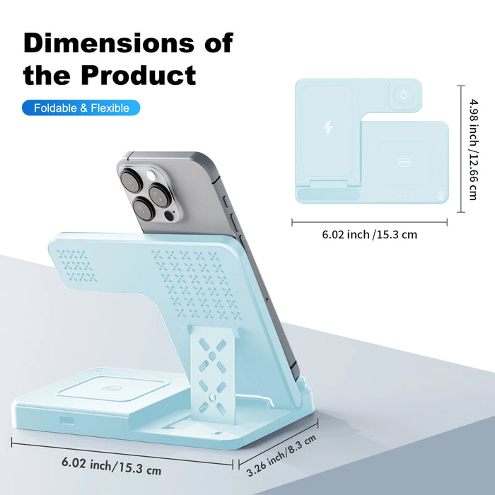 3-in-1 Magnetic Wireless Charger Stand — 15W Fast Charging Dock for iPhone 15/14/13, Apple Watch & AirPods