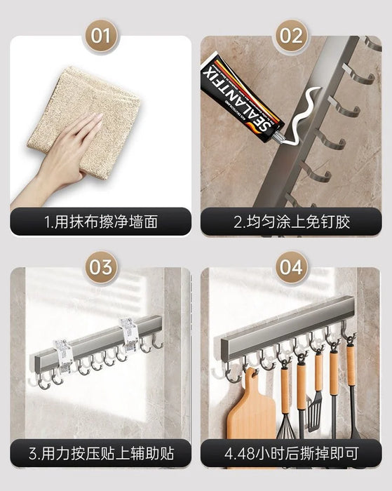 Drill-Free Wall-Mounted Aluminium Hook Rack — 6/8/10 Hook Options